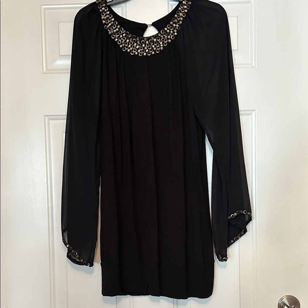 Willi Smith LS Tunic Top/Dress S Black Embellished Date Night Career Relaxed